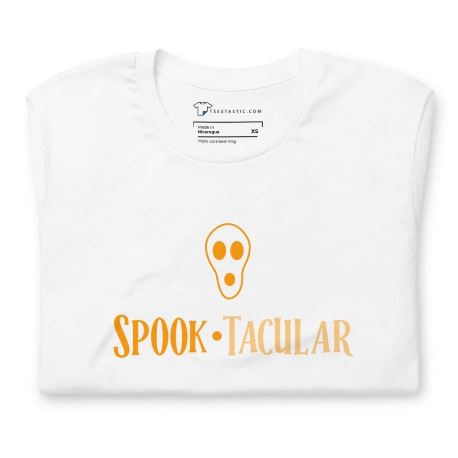 A Halloween Spook-tacular Unisex t-shirt with the word "spooktacular" printed on it.