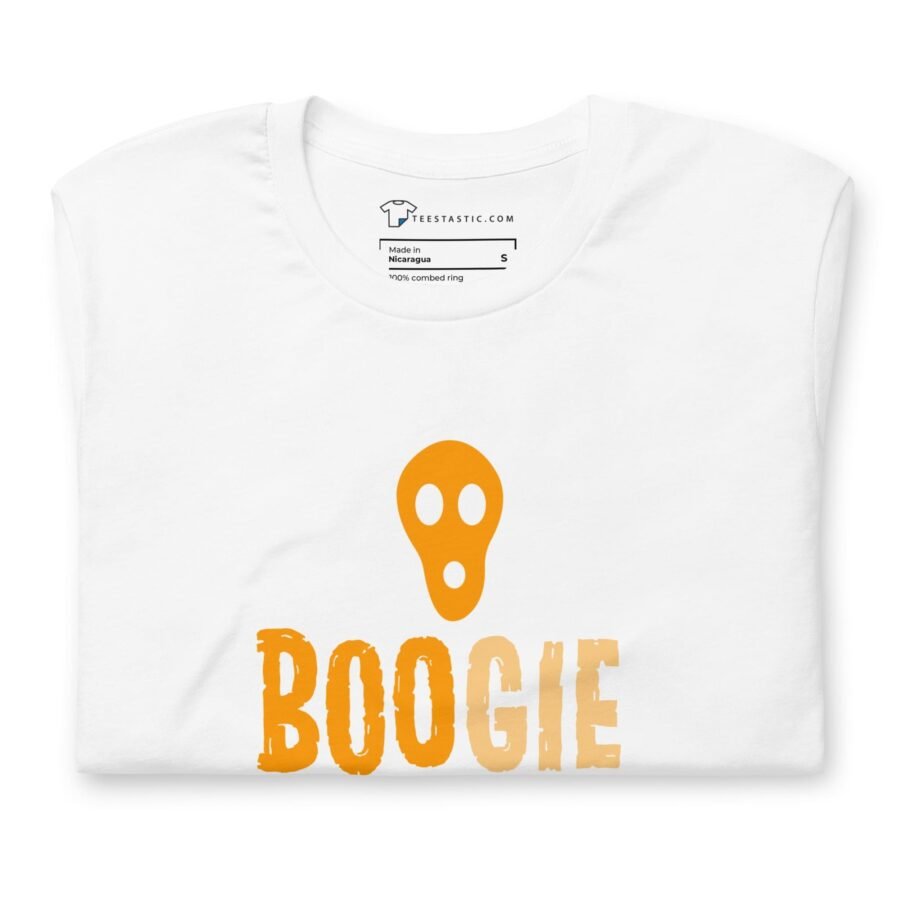 A white Halloween BOO-GIE Night Unisex t-shirt, perfect for Halloween.