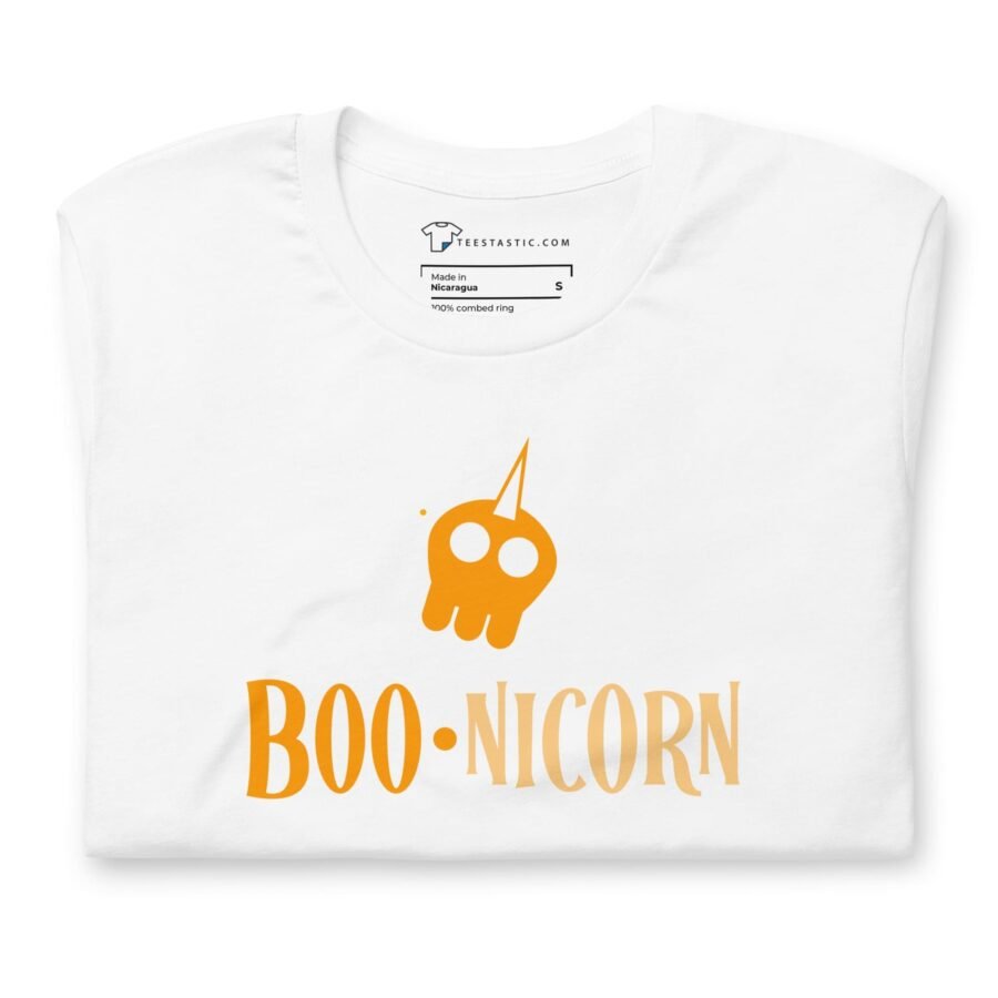 A Halloween BOO-nicorn Unisex t-shirt featuring the word "boo" and a unicorn.