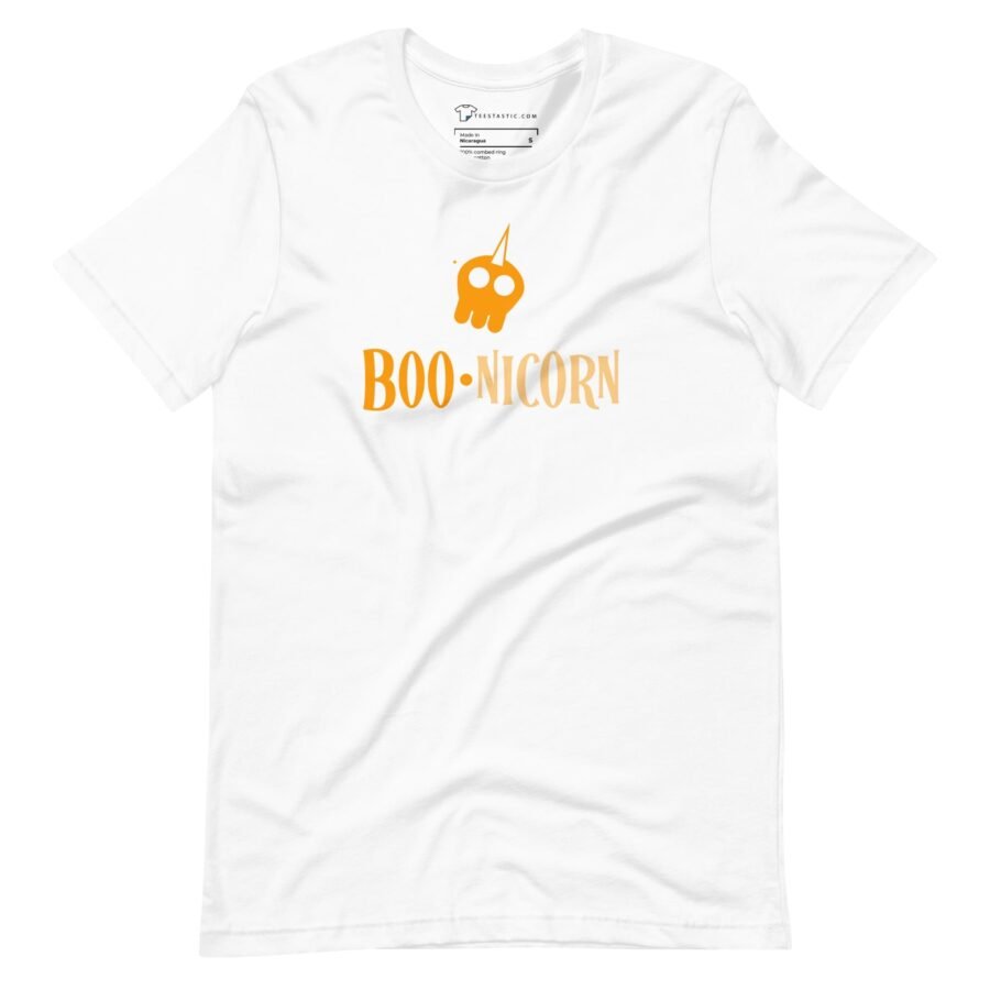 A Halloween-themed white Halloween BOO-nicorn Unisex t-shirt with the word boo-corn on it.