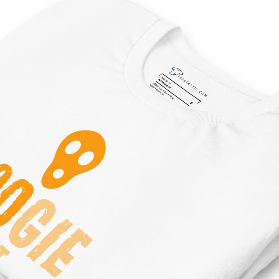 A Halloween BOO-GIE Night Unisex t-shirt with an orange logo, perfect for Halloween.