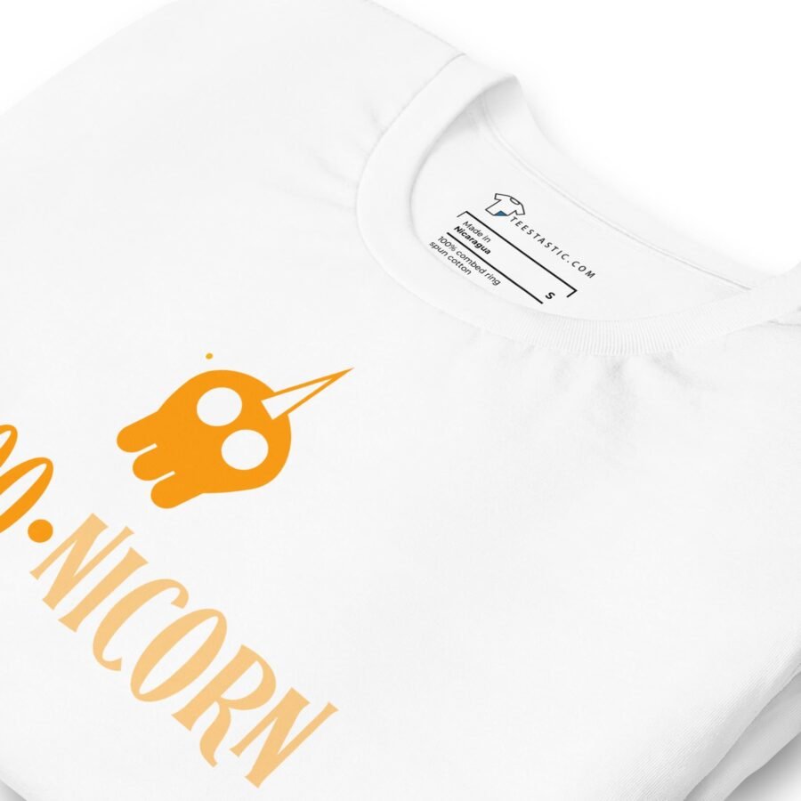 A white sweatshirt with an orange Halloween BOO-nicorn Unisex t-shirt logo on it.