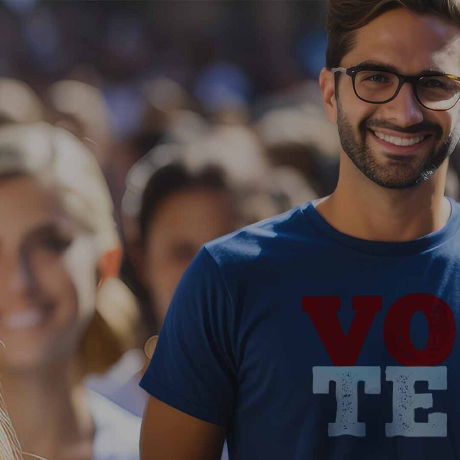 A man wearing the "Vote | Elections 2024 | Unisex t-shirt" that boldly promotes the importance of voting.