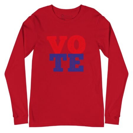 A Vote | Elections 2024 | Unisex Long Sleeve Tee featuring the word "vote" in blue and red.