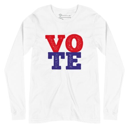 A white Vote | Elections 2024 | Unisex Long Sleeve Tee with the word "vote" for Elections 2024.