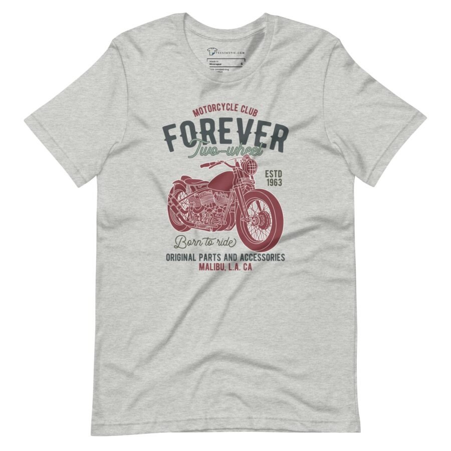 Ride Forever in Style with the Forever 2 Wheel Motorcycle Unisex T-Shirt - Your Passport to Timeless Co grey t-shirt with a motorcycle design.