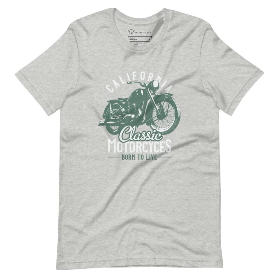 A California Classic Motorcycle Unisex t-shirt with an image of a motorcycle inspired by California.