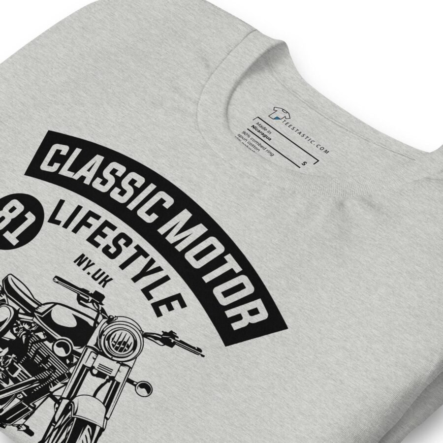 A Classic Motor Lifestyle Unisex grey t-shirt featuring a motorcycle image.