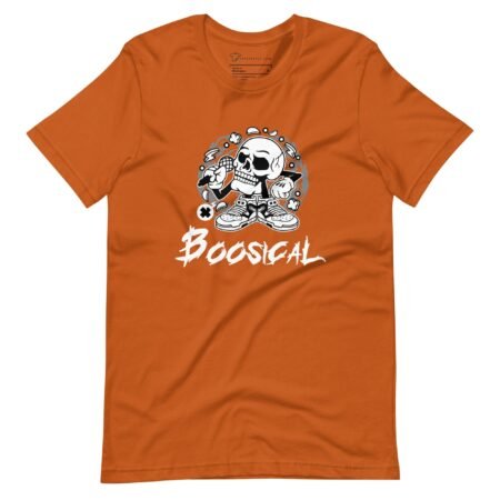 An BOO-sical Skull Unisex t-shirt with the word boosical and a skull on it.