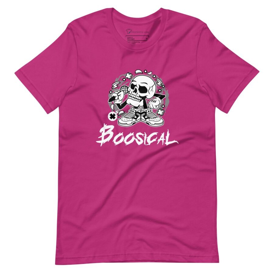 A pink BOO-sical Skull Unisex t-shirt with the word BOO-sical on it.