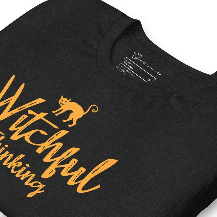 An Unisex Halloween black t-shirt with the phrase "witchful thinking".