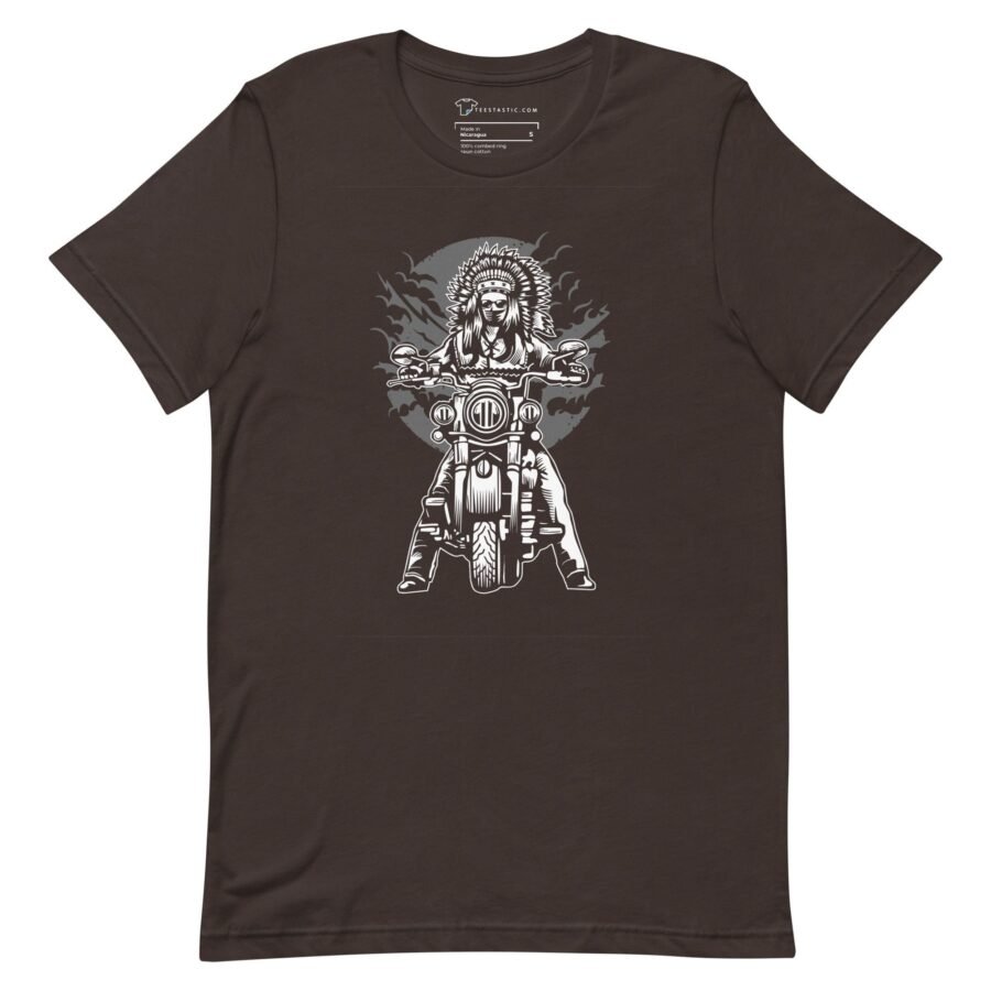 A brown Indian Motorcycle Rider Unisex t-shirt featuring a motorcycle rider.