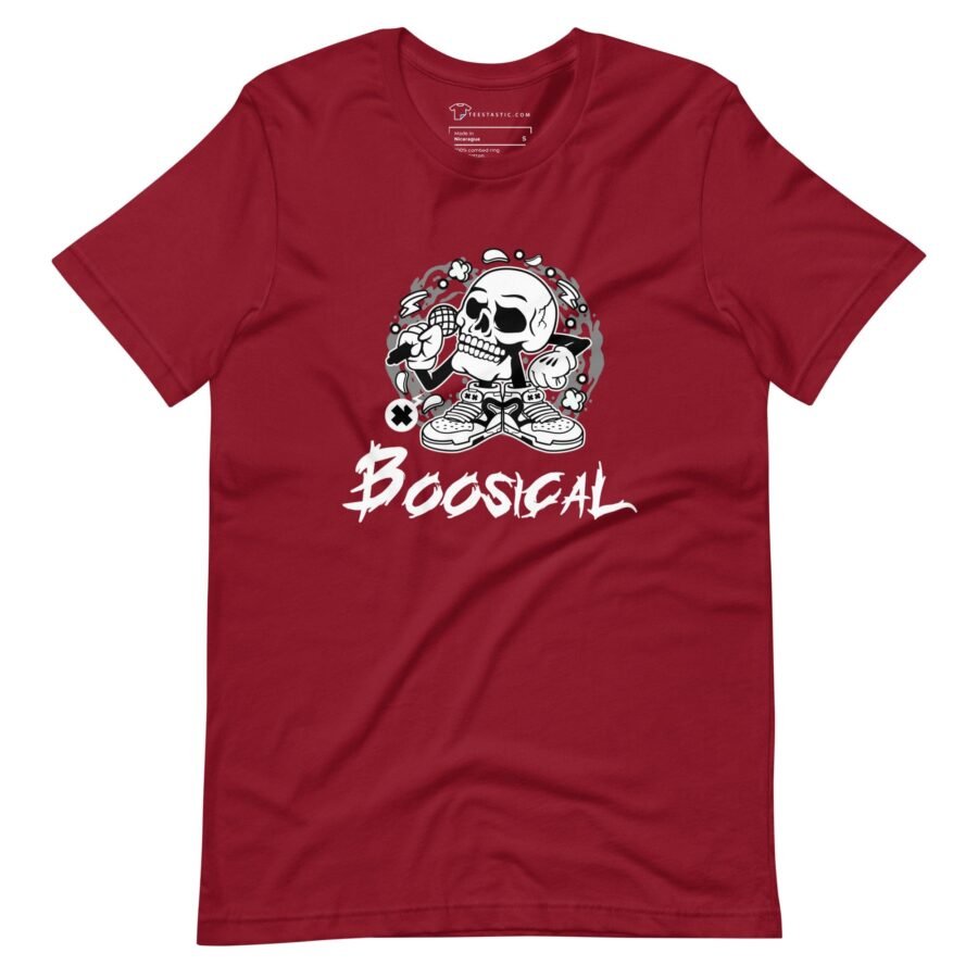 A red BOO-sical Skull Unisex t-shirt with a BOO-sical skull design.