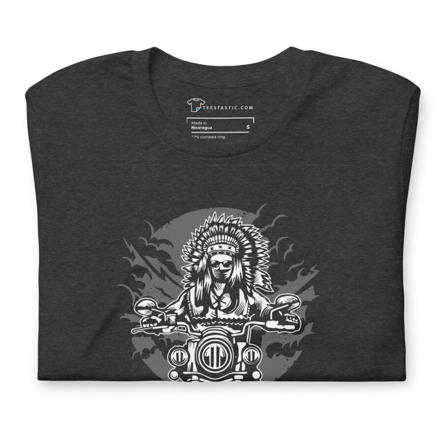 An Indian Motorcycle Rider Unisex t-shirt wearing a black t-shirt.