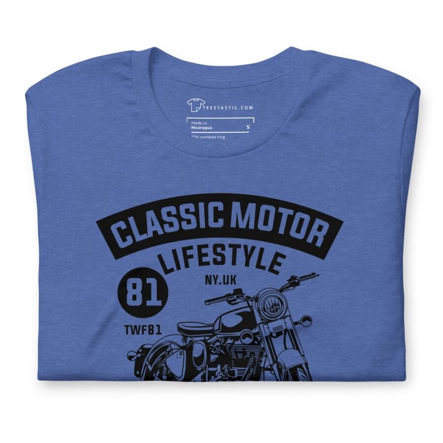 A Classic Motor Lifestyle Unisex t-shirt featuring a blue design with a motor lifestyle theme.