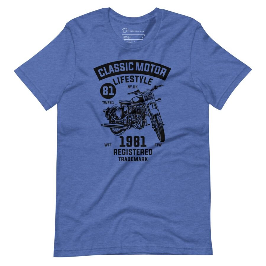 A Classic Motor Lifestyle Unisex blue t-shirt.