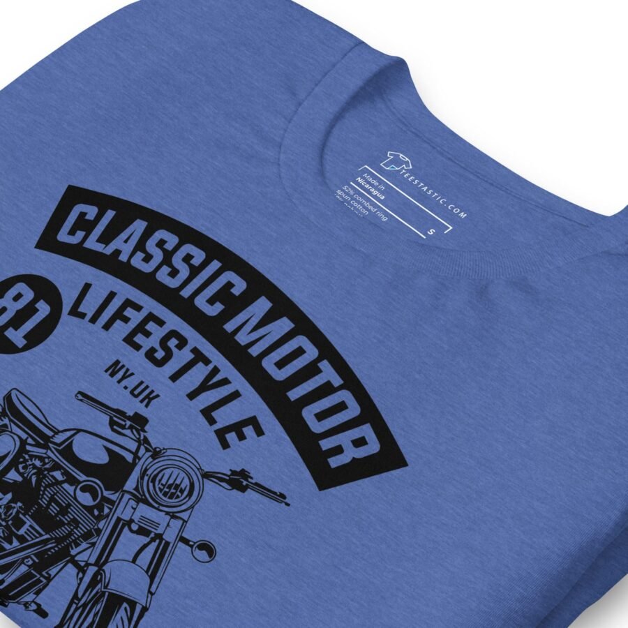 A Classic Motor Lifestyle Unisex t-shirt with an image of a motorcycle.