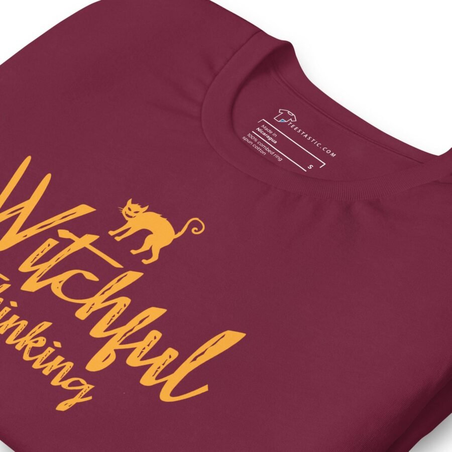 A Halloween-themed maroon t-shirt that says Witchful Thinking – Unisex t-shirt.