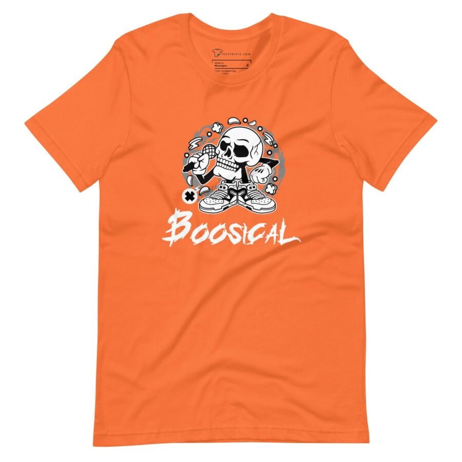 An BOO-sical Skull Unisex t-shirt with the word bossial and a skull on it.