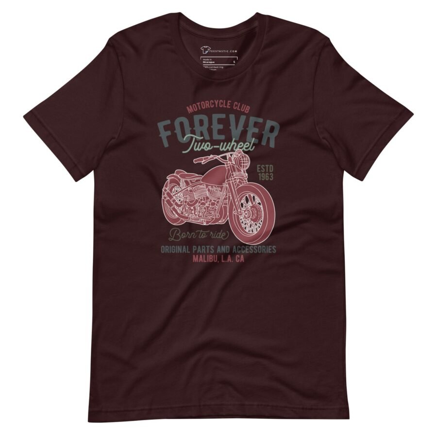 A maroon Ride Forever in Style with the Forever 2 Wheel Motorcycle Unisex T-Shirt - Your Passport to Timeless Co t-shirt with a motorcycle on it.