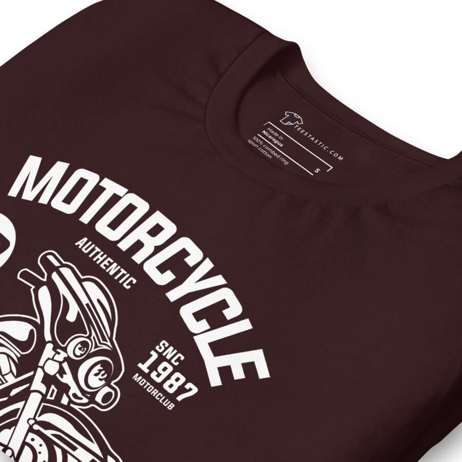 A maroon Authentic Motorcycle Unisex t-shirt with an authentic image of a motorcycle.