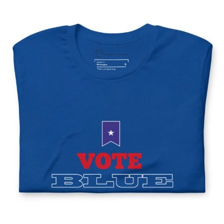 An "Vote Blue | Elections 2024 | Unisex t-shirt" promoting the message "Vote Blue" for the 2024 elections.