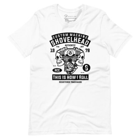 A Custom Machine Motorcycle Engine Skull Unisex t-shirt featuring a shovelhead motorcycle engine.