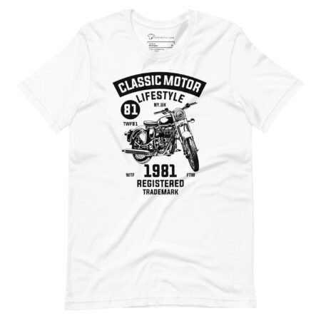 A Classic Motor Lifestyle Unisex t-shirt featuring a motorcycle image, perfect for motor lifestyle enthusiasts.