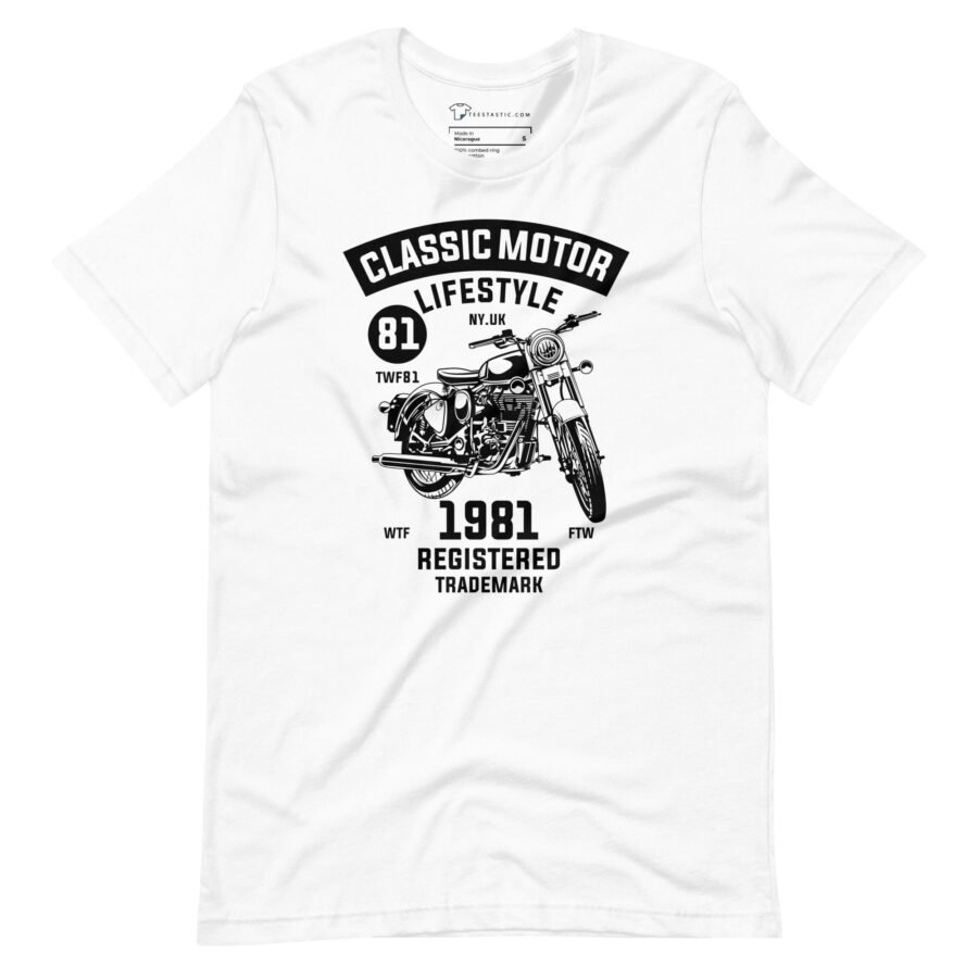 A Classic Motor Lifestyle Unisex t-shirt featuring a motorcycle image, perfect for motor lifestyle enthusiasts.