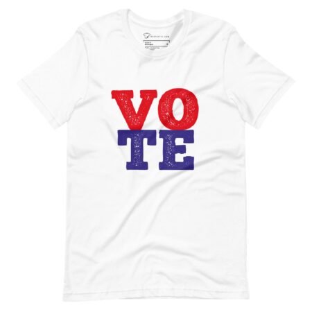 A "Vote | Elections 2024 | Unisex t-shirt" displaying the word "vote.