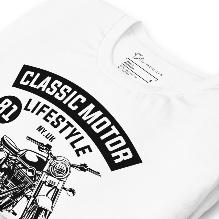 A Classic Motor Lifestyle Unisex t-shirt featuring an image of a motorcycle, perfect for the motor lifestyle.