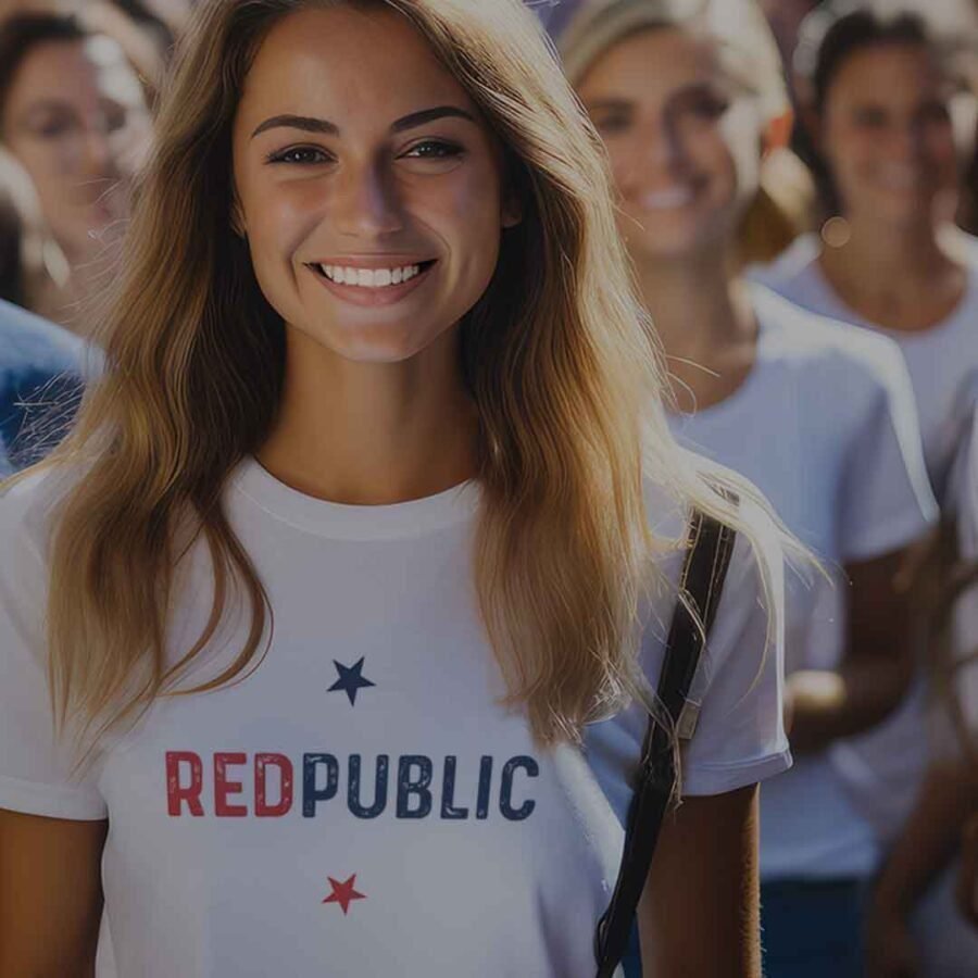 A woman wearing a Red Public | Elections 2024 | Unisex Heavy Cotton Tee.