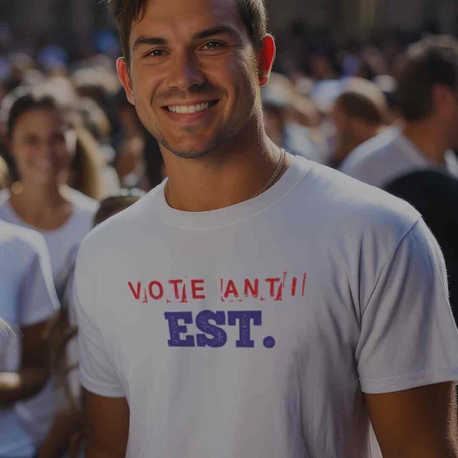 A man wearing a "Vote Anti Est. | Election 2024 | Unisex T-Shirt" t-shirt.