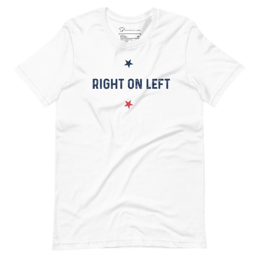 Right on left unisex t-shirt featuring the Democrat Right on Left slogan for Election 2024.
- Democrat Right on Left | Election 2024 | Unisex Heavy Cotton Tee featuring the Democrat Right on Left slogan.