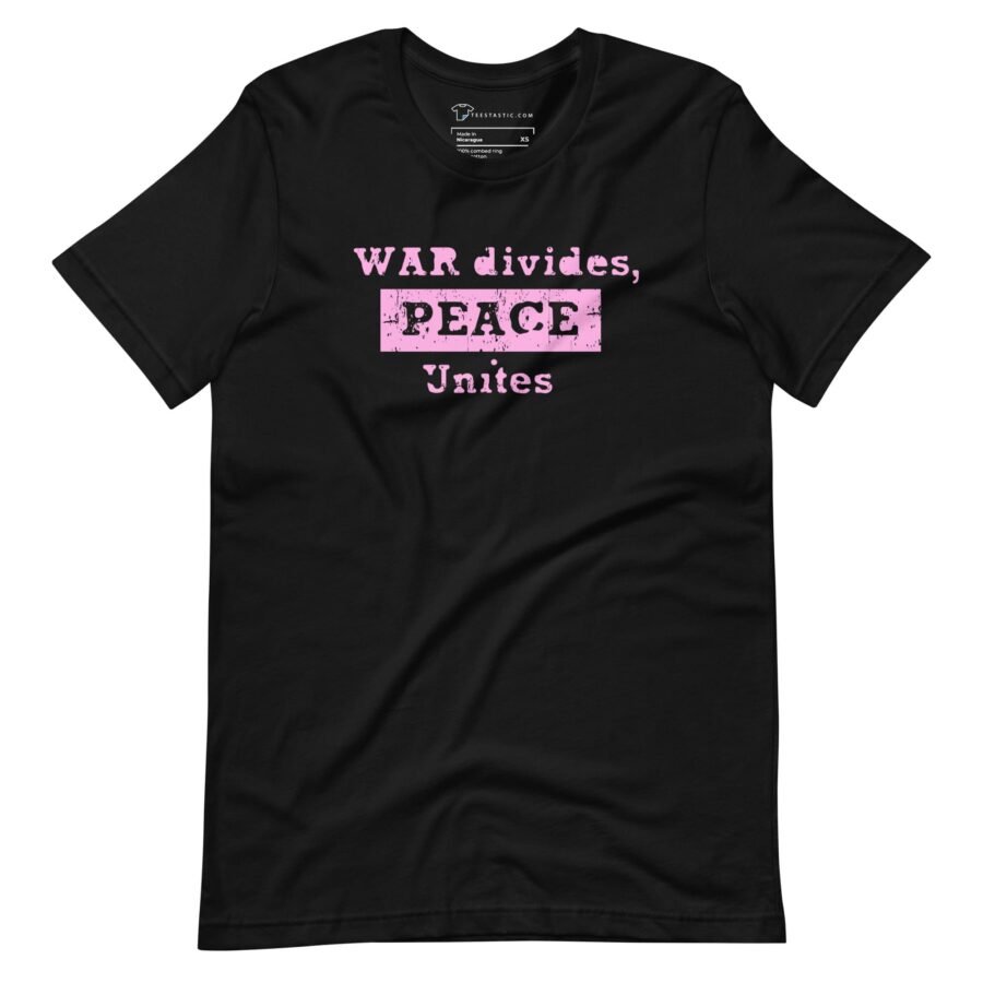 A "War Divides Peace Unites" Unisex Heavy Cotton Tee in black, featuring the message "War divides, peace unites.