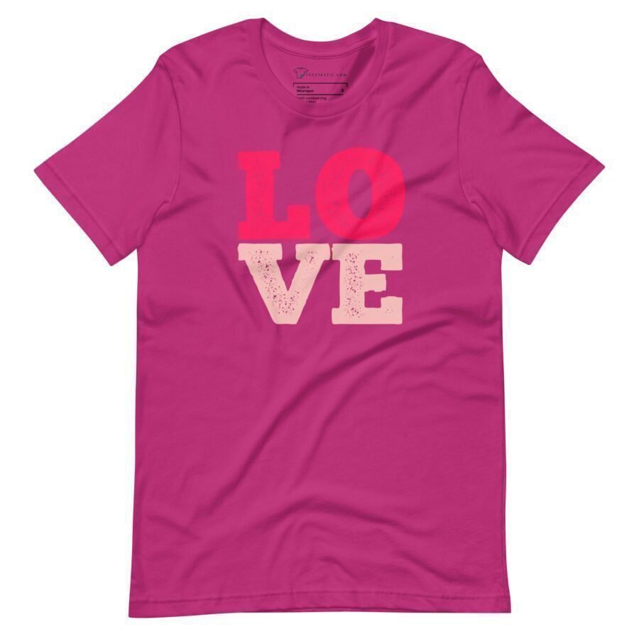 An adorable Love | Unisex pink T-shirt featuring the word love.