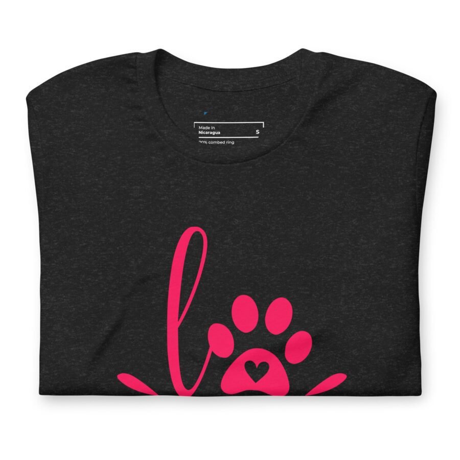 A black Love My Dog unisex heavy cotton t-shirt with a pink paw print and the word love.