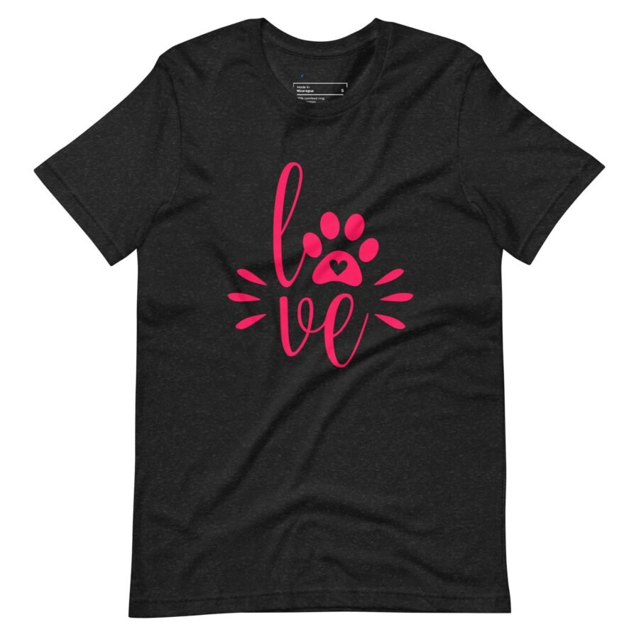 A Love My Dog Unisex Heavy Cotton black t-shirt with a pink paw print and the word love.