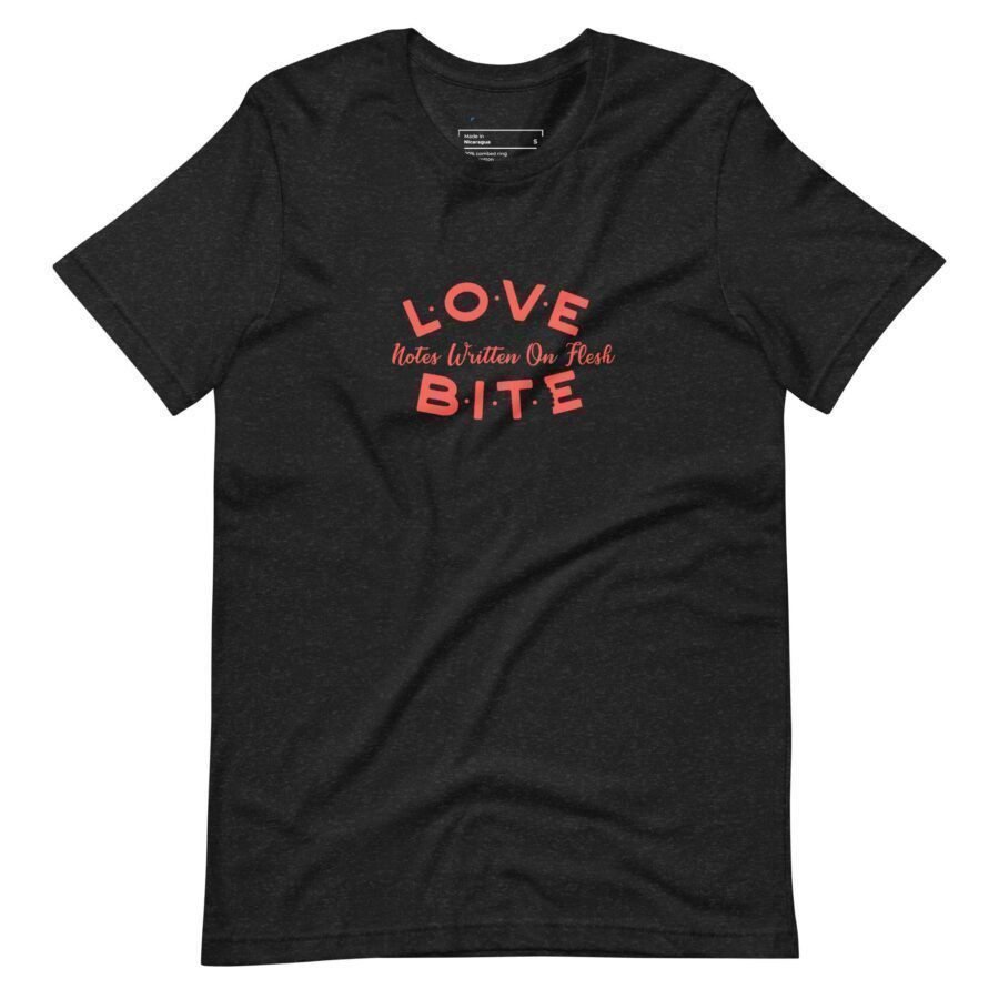 An Love Bite Unisex Heavy Cotton black t-shirt featuring the phrase "Love Bite".