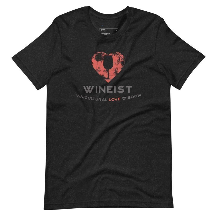 A black t-shirt with the word Love Wineist and love on it.