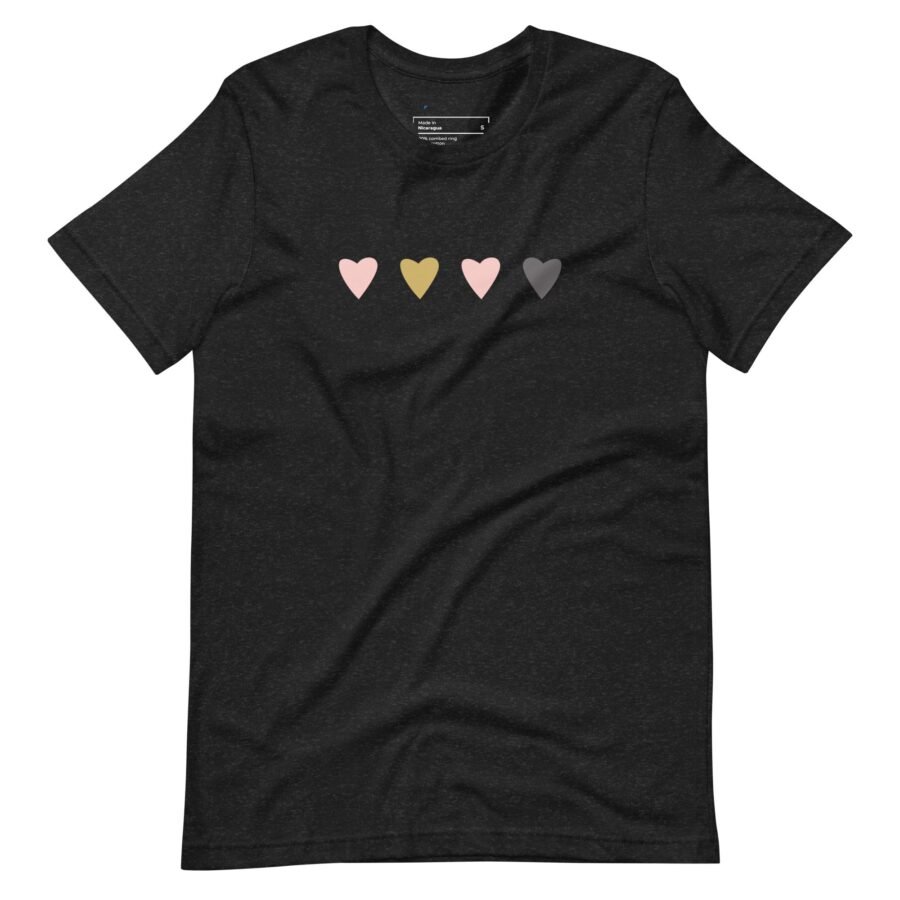 A black Four Hearts Love t-shirt, showcasing love.
