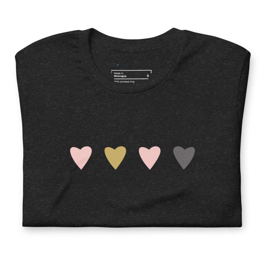 Four Hearts Love" on a black t-shirt.