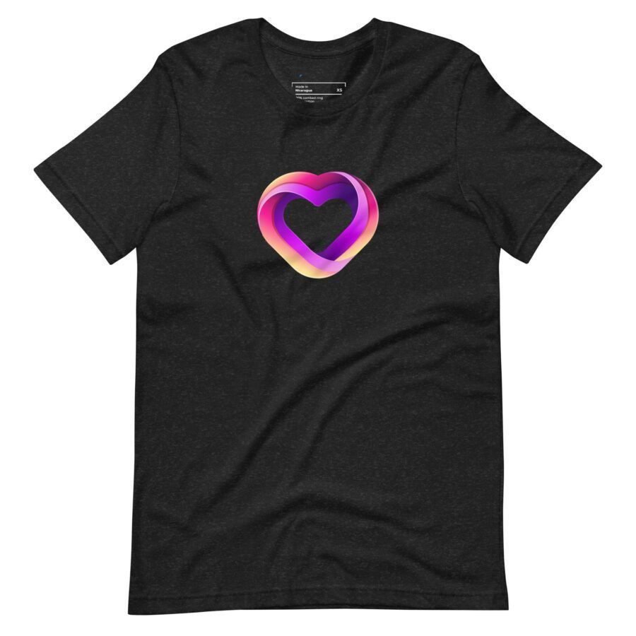 A Love unisex black tee with a heart on it, perfect for those who love timeless simplicity.