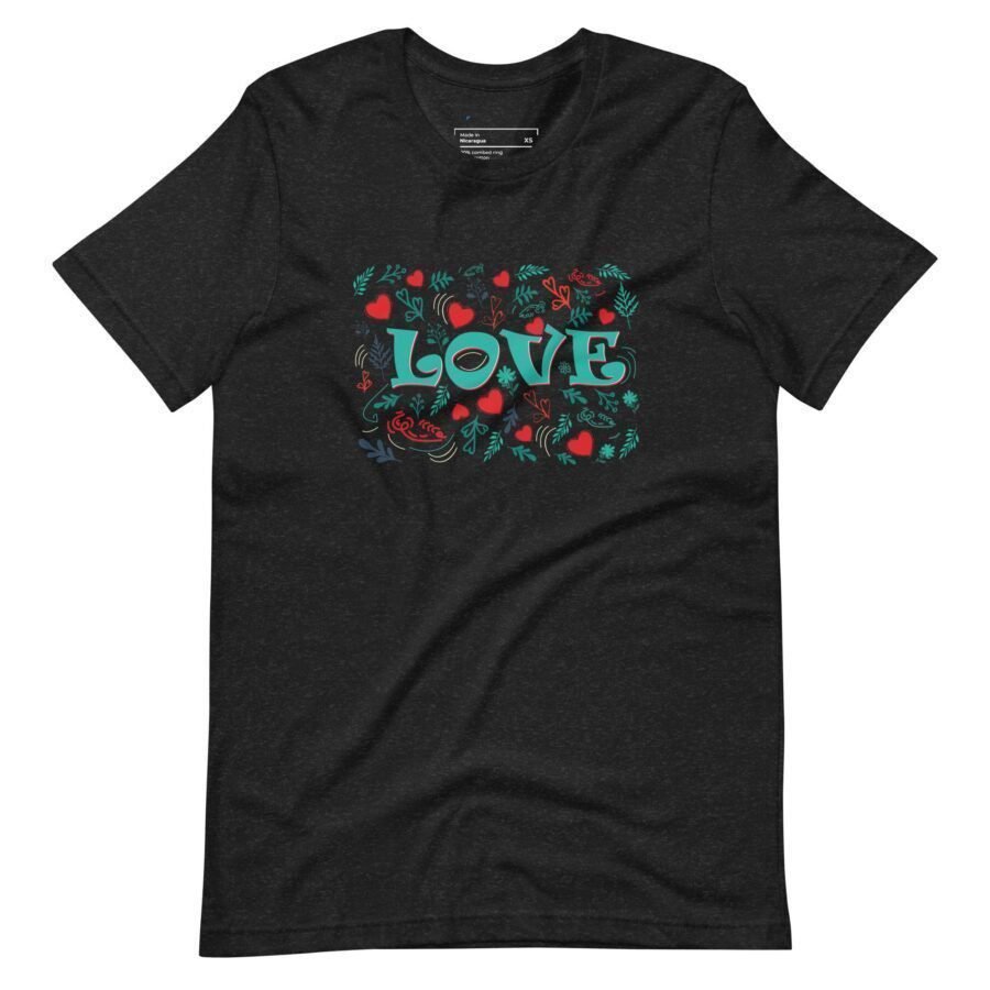 A Love unisex black t-shirt featuring the word "Love" prominently displayed.