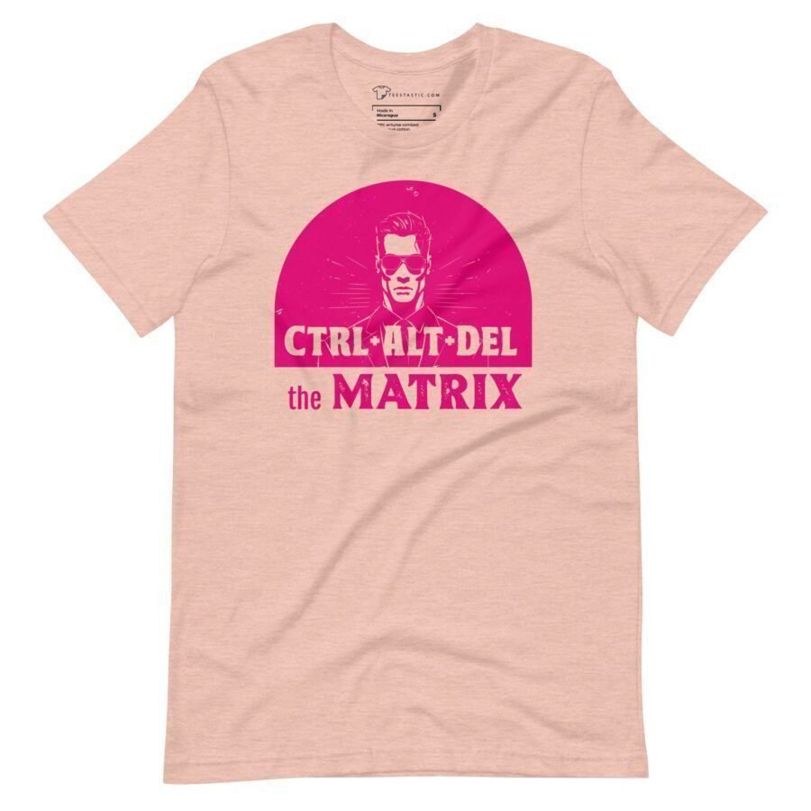 A pink unisex Delete The Metrix t-shirt featuring the word "delete" in the style of the Matrix.