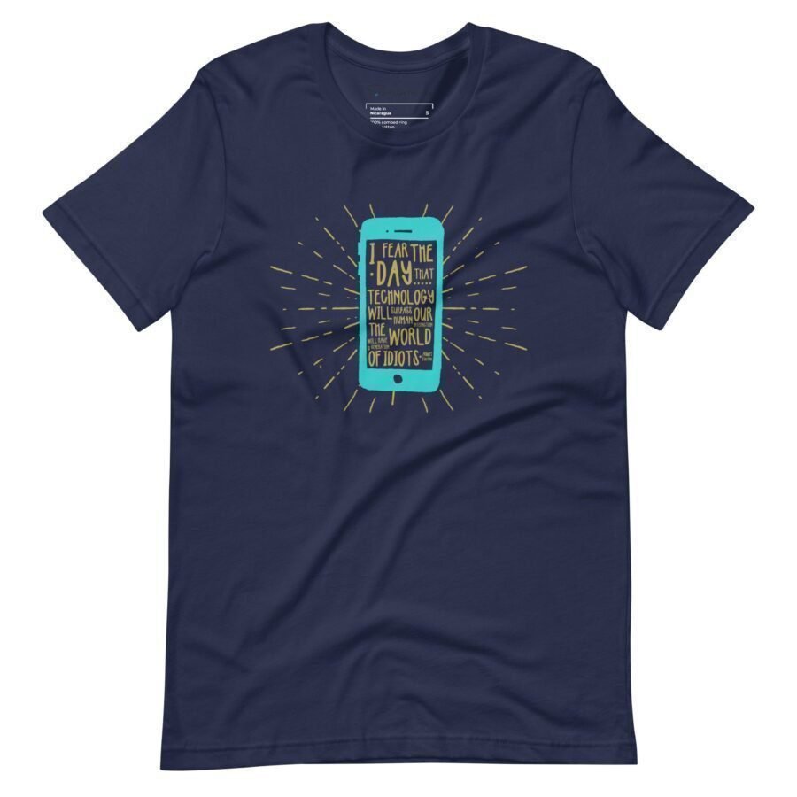 A Unisex Heavy Cotton Tee navy t-shirt with an image of a cell phone.