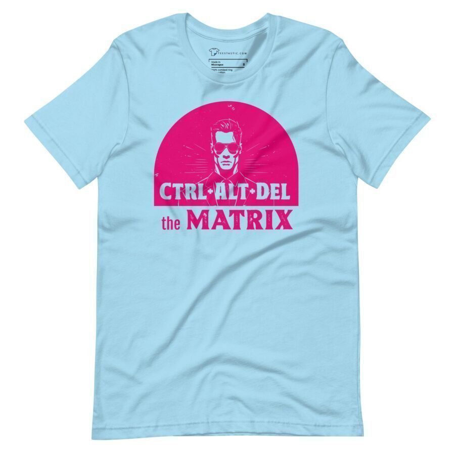 A light blue Delete The Metrix unisex t-shirt that says delete the matrix.