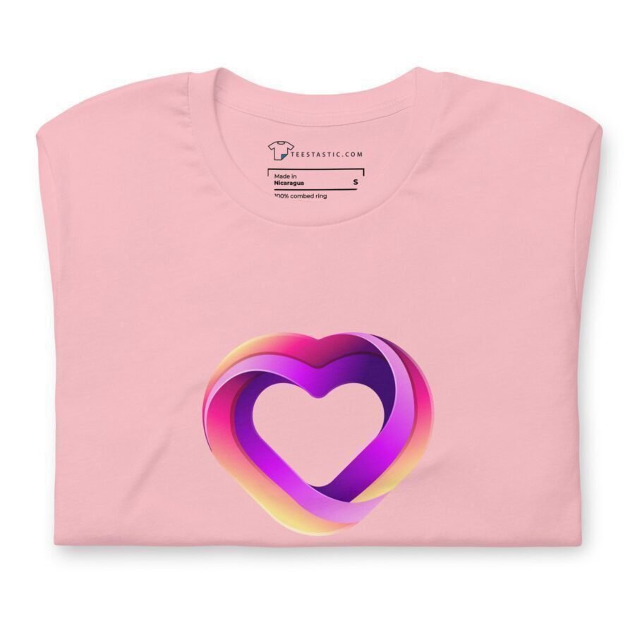 A Love Unisex pink t-shirt with a colorful heart on it, made of Heavy Cotton