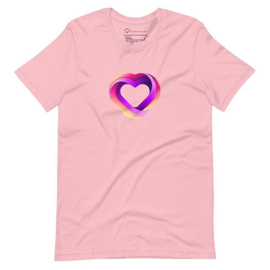 A pink Love unisex heavy cotton tee with a colorful heart on it.