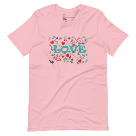 The Love Unisex t-shirt features the word "Love" on a pink background.